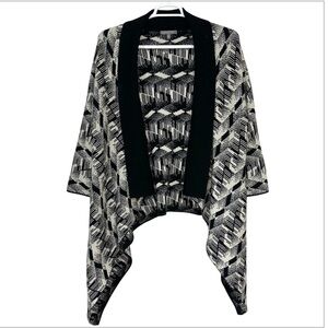 Neiman Marcus 100% Cashmere Black And Cream Abstract Open Front Drapey Cardigan